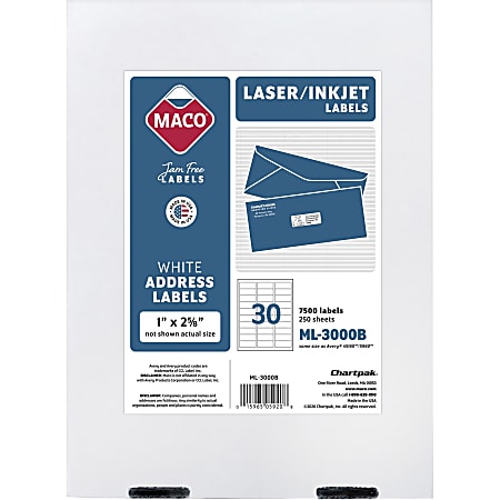 MACO® Permanent Address Labels, ML-3000B, Rectangle, 1" x 2-5/8", White, Box Of 7,500 Labels