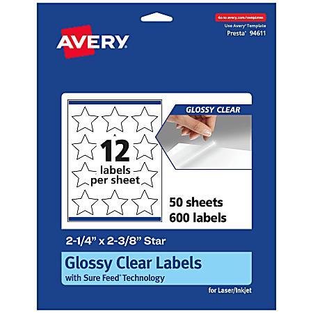 Avery® Glossy Permanent Labels With Sure Feed®, 94611-CGF50, Star, 2-1/4" x 2-3/8", Clear, Pack Of 600