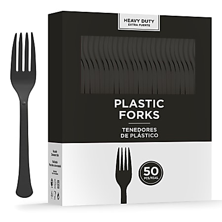 Amscan 8017 Solid Heavyweight Plastic Forks, Jet Black, 50 Forks Per Pack, Case Of 3 Packs