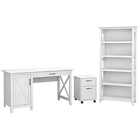 Bush Furniture Key West 54"W Computer Desk With 2-Drawer Mobile File Cabinet And 5-Shelf Bookcase, Pure White Oak, Standard Delivery