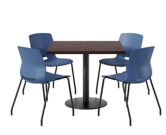 KFI Studios Proof Cafe Pedestal Table With Imme Chairs, Square, 29”H x 42”W x 42”W, Cafelle Top/Black Base/Navy Chairs