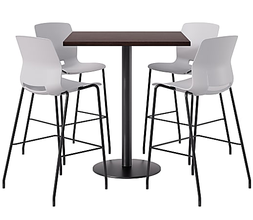 KFI Studios Proof Bistro Square Pedestal Table With Imme Bar Stools, Includes 4 Stools, 43-1/2”H x 36”W x 36”D, Cafelle Top/Black Base/Light Gray Chairs
