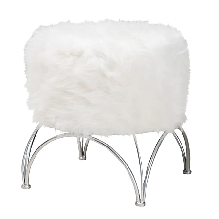 Baxton Studio Modern And Contemporary Faux Fur Round Ottoman, White/Silver