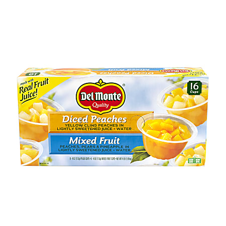 Del Monte Diced Peaches And Mixed Fruit Cups, 4 Oz, Pack Of 16 Cups