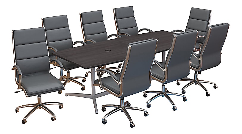 Bush Business Furniture 96"W x 42"D Boat Shaped Conference Table with Metal Base and Set of 8 High Back Office Chairs, Storm Gray, Standard Delivery