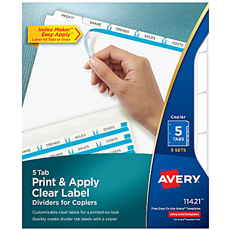 Avery® Customizable Index Maker® Dividers For 3 Ring Binder, Easy Print & Apply Clear Label Strip, 5 Tab, White, Copier, Pack Of 5 Sets