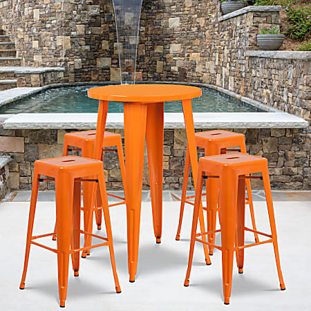 Flash Furniture Commercial-Grade Round Metal Indoor/Outdoor Bar Table Set With 4 Square Backless Stools, 41"H x 24"W x 24"D, Orange