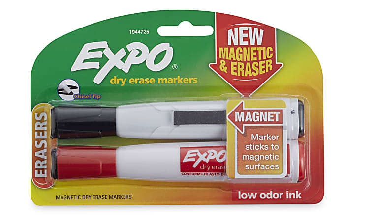 EXPO® Magnetic Dry-Erase Markers With Erasers, Chisel Tip, Black/Red Ink, White Barrel, Pack Of 2 Markers