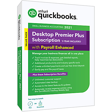 Intuit® QuickBooks® Desktop Premier Plus With Enhanced Payroll 2021, 1-Year Subscription, For Windows®, Disc/Download