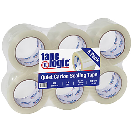 Tape Logic® Quiet Carton-Sealing Tape, 3" Core, 2.6-Mil, 3" x 110 Yd., Clear, Pack Of 6
