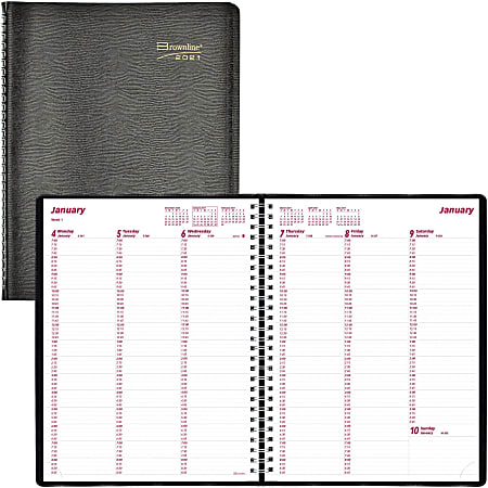 Brownline Soft Cover Twin-wire Weekly Planner - Julian Dates - Weekly - 1 Year - January 2021 till December 2021 - 7:00 AM to 8:45 PM, 7:00 AM to 5:45 PM - 11" x 8 1/2" Sheet Size - Twin Wire - Paper - Black