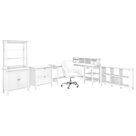 Bush Furniture Broadview 60"W L-Shaped Computer Desk With Chair And Storage, Pure White, Standard Delivery
