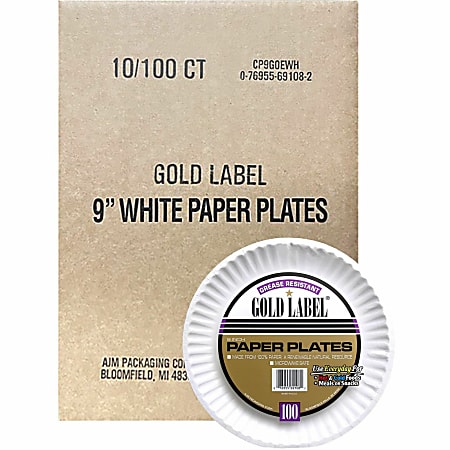 AJM Gold Label 9" Dinnerware Paper Plates  Serving  Disposable  Microwave Safe  9" Diameter  White  Paper Body  100 Pack  10 / Carton