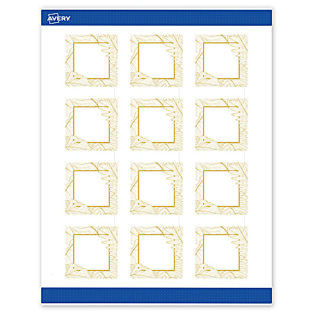 Avery® Printable Labels With Sure Feed® Technology, S00-EVT, Square, 2" x 2", Matte White With Preprinted Gold Leaf Pattern, Pack Of 120