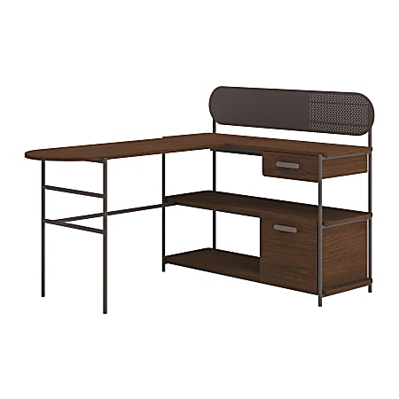 Sauder® Radial 60"W L-Shaped Corner Desk, Umberwood/Black