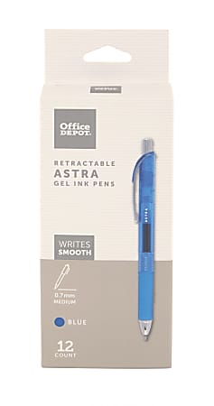 Office Depot® Brand Astra Retractable Gel Ink Pens, Medium Point, 0.7 mm, Blue Barrel, Blue Ink, Pack Of 12 Pens