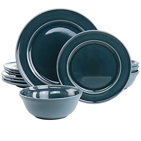Martha Stewart Portillo 12-Piece Round Stoneware Dinnerware Set, Blue