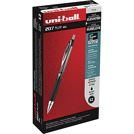 uni-ball 207 Plus+ Gel Pens, Medium Point, 0.7 mm, Black Ink, Metallic Barrels, Pack Of 12 Pens