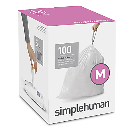 simplehuman Custom-Fit 0.03-mil Trash Can Liners, Code M, 12 Gallons, White, Pack Of 100 Liners