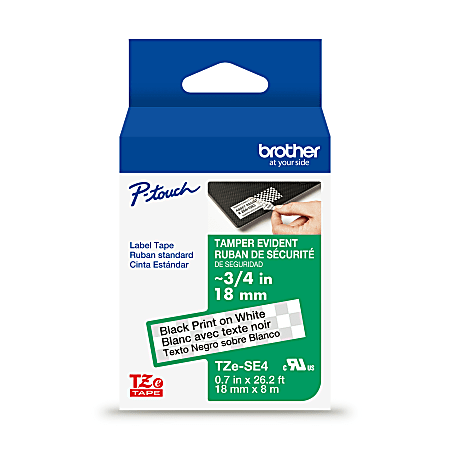 Brother P-touch TZeSE4, Tamper-Evident, Laminated, ~3/4in (18mm) x 26.2ft (8m), Black on White Label Tape