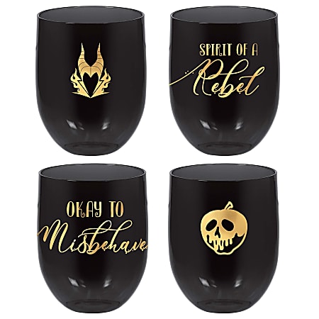 Amscan Disney Villains Stemless Glasses, 15.2 Oz, Black, Pack Of 4 Glasses