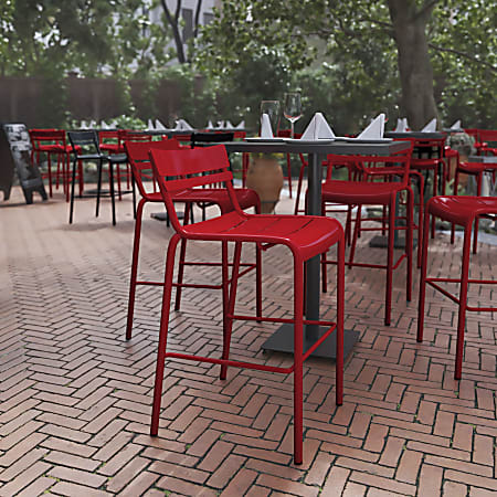 Flash Furniture Nash Commercial-Grade Metal Indoor/Outdoor Bar-Height Stool With Back And 2 Slats, Red