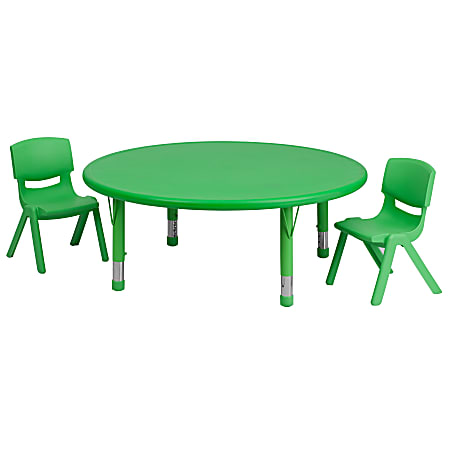 Flash Furniture Round Plastic Height-Adjustable Activity Table Set With 2 Chairs, 23-3/4"H x 45"W x 45"D, Green