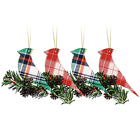 Martha Stewart Holiday Bird Ornament Set, 3”H x 4”W x 1/4”D, Red/Green, Set Of 4 Ornaments