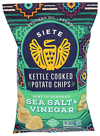 Siete Family Foods Kettle Cooked Potato Chips, Serrano Sea Salt & Vinegar, 5.5 Oz, Total Qty 6