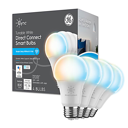 GE CYNC Wi-Fi Tunable A19 Dimmable Smart Bulbs, White, Pack Of 4 Bulbs