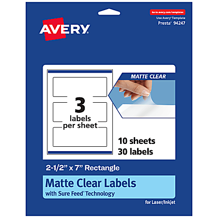 Avery® Permanent Labels With Sure Feed®, 94247-CMF10, Rectangle, 2-1/2" x 7", Matte Clear, Pack Of 30