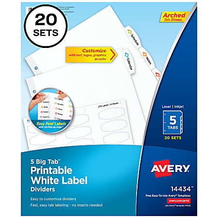 Avery® Big Tab™ Printable Label Dividers With Easy Peel®, 8-1/2" x 11", 5 Tab, White, Pack Of 20 Sets