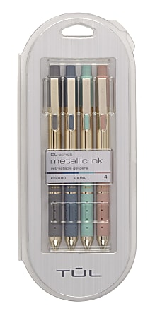 TUL® GL Series Retractable Gel Pens, Medium Point, 0.8 mm, Assorted Barrel Colors With Gold Block, Assorted Metallic Inks, Pack Of 4 Pens