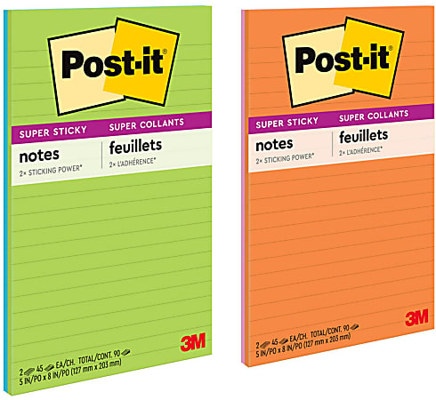 Post-it® Super Sticky Notes, 5" x 8", Energy Boost Collection, Lined, 90 Sheets, Pack Of 2 Pads