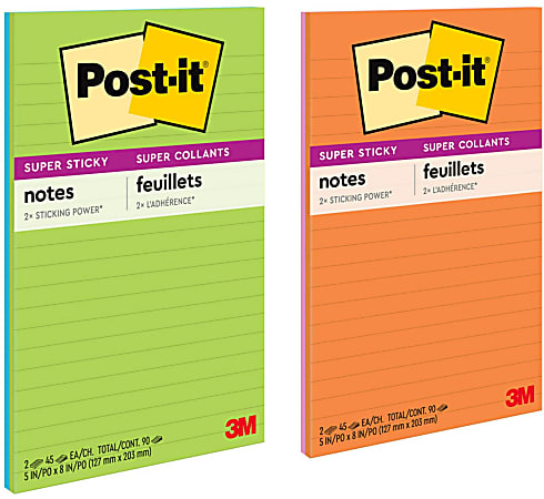 Post-it Super Sticky Notes, 5" x 8", Energy Boost Collection, Lined, Pack Of 2 Pads