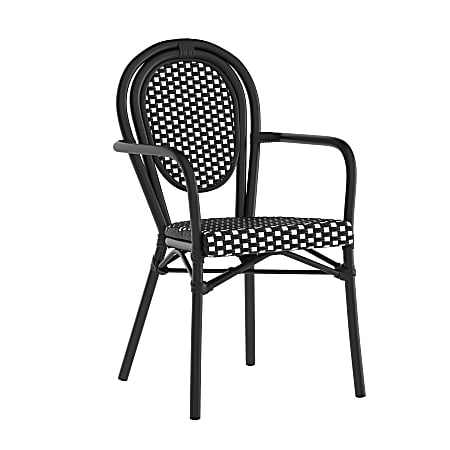 Flash Furniture Lourdes Indoor/Outdoor Commercial Thonet Bistro Stacking Chair with Arms, PE Rattan and Aluminum Frame, Black & White/Black Frame
