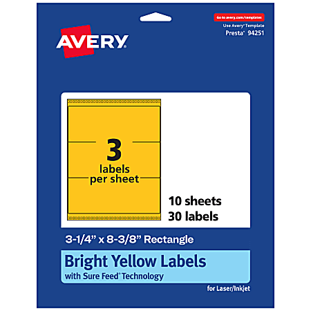Avery® Printable Labels With Sure Feed® Technology, 94251-BYP10, Rectangle, 3-1/4" x 8-3/8", Matte Bright Yellow, Pack of 30