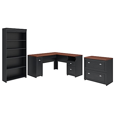 Bush Furniture Fairview L Shaped Desk with Bookcase and Lateral File Cabinet in Antique Black 