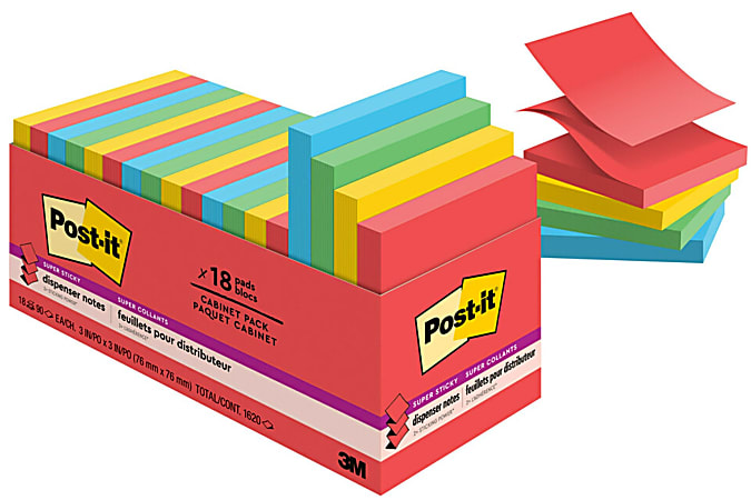 Post-it® Super Sticky Dispenser Notes, 1800 Total Notes, Pack Of 18 Pads, 3" x 3", Playful Primaries Collection, 100 Notes Per Pad