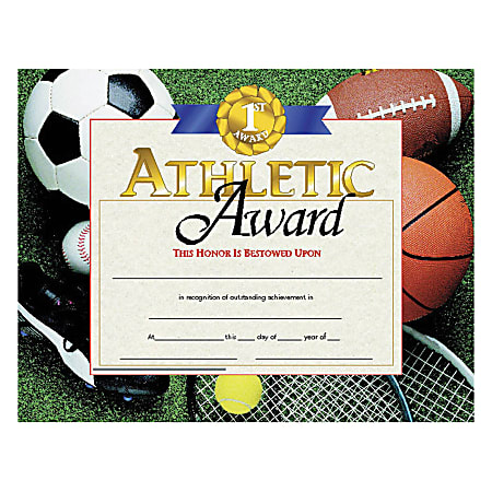 Hayes Athletic Award Certificates, 8 1/2" x 11", Multicolor, 30 Certificates Per Pack, Bundle Of 6 Packs