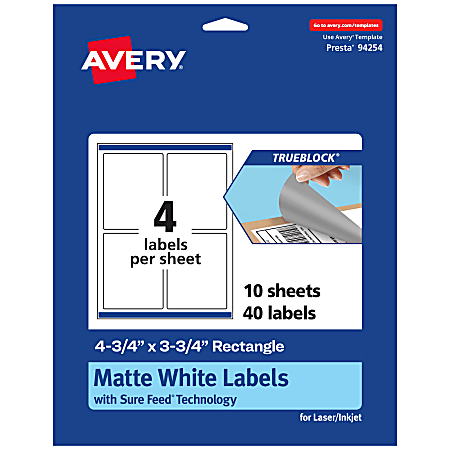 Avery® Print-To-The-Edge TrueBlock® Labels With Sure Feed®, 94254-TWMP10, Rectangle, 4-3/4" x 3-3/4", Matte White, Pack Of 40