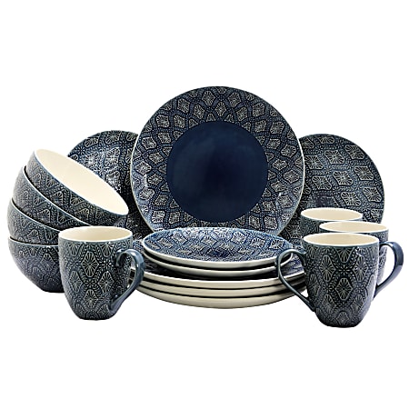 Elama 16-Piece Stoneware Dinnerware Set, Blue