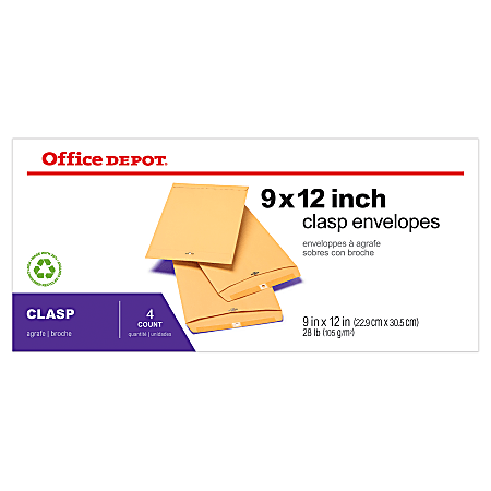 Office Depot® Brand 9" x 12" Manila Envelopes, Clasp Closure, Brown Kraft, Pack Of 4