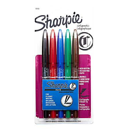 Sharpie® Water-Based Ink Calligraphic® Calligraphy Pens, Chisel Point, Assorted Barrels, Assorted Ink Colors, Pack Of 5