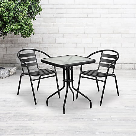 Flash Furniture Square Glass/Metal Table With 2 Slat-Back Stacking Chairs, 28" x 23-1/2", Clear/Black