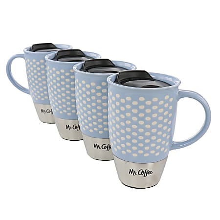 Mr. Coffee Coupleton Dot Stoneware And Stainless Steel Travel Mug Set With Lids, 15 Oz, Blue, Set Of 8 Pieces