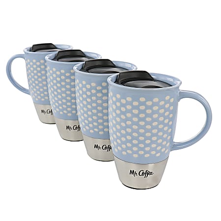 Mr. Coffee Coupleton Dot Stoneware And Stainless Steel Travel Mug Set With Lids, 15 Oz, Blue, 4 Sets