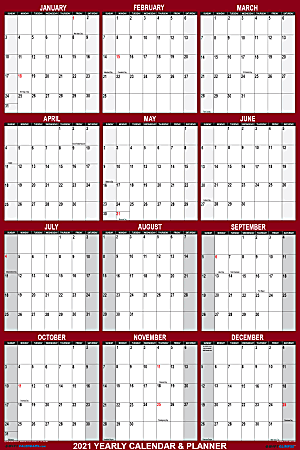 SwiftGlimpse 2-Sided Yearly Erasable Wall Calendar, 24" x 36", Burgundy/Maroon, January To December 2021