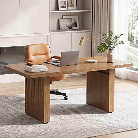 Bestier 63" Fluted Wood Executive Office Desk for Home Office , Brown
