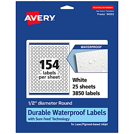 Avery® Waterproof Permanent Labels With Sure Feed®, 94503-WMF25, Round, 1/2" Diameter, White, Pack Of 3,850